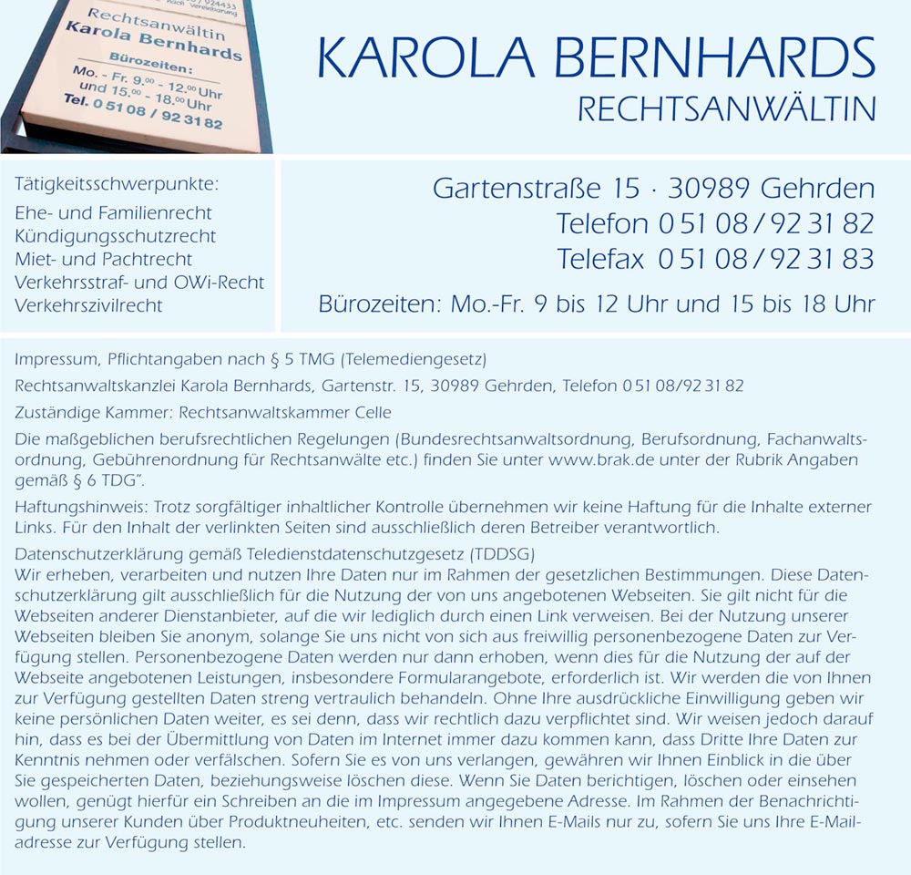 Rechtsanwältin Karola Bernhards, 30989 Gehrden, Gartenstr. 15